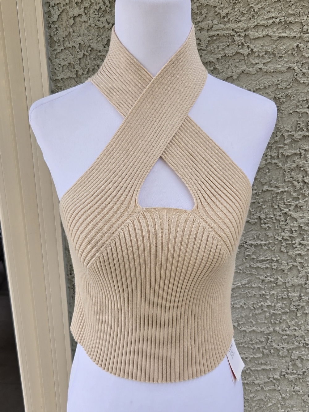 Cider Beige Ribbed Halter Crop Top with Cross-Front Detail